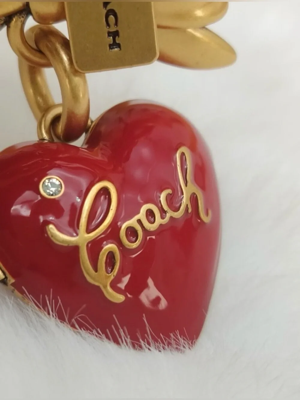 Coach Gold Bow and Red Heart Locket Charm Keychain